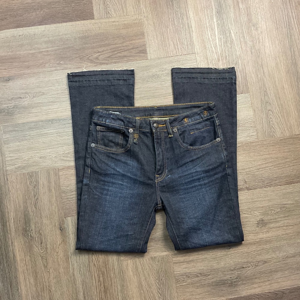 R13 Japanese Fabric Kick Flare Jeans Raw Hem Womens 26 Dark Indigo Blue Classic